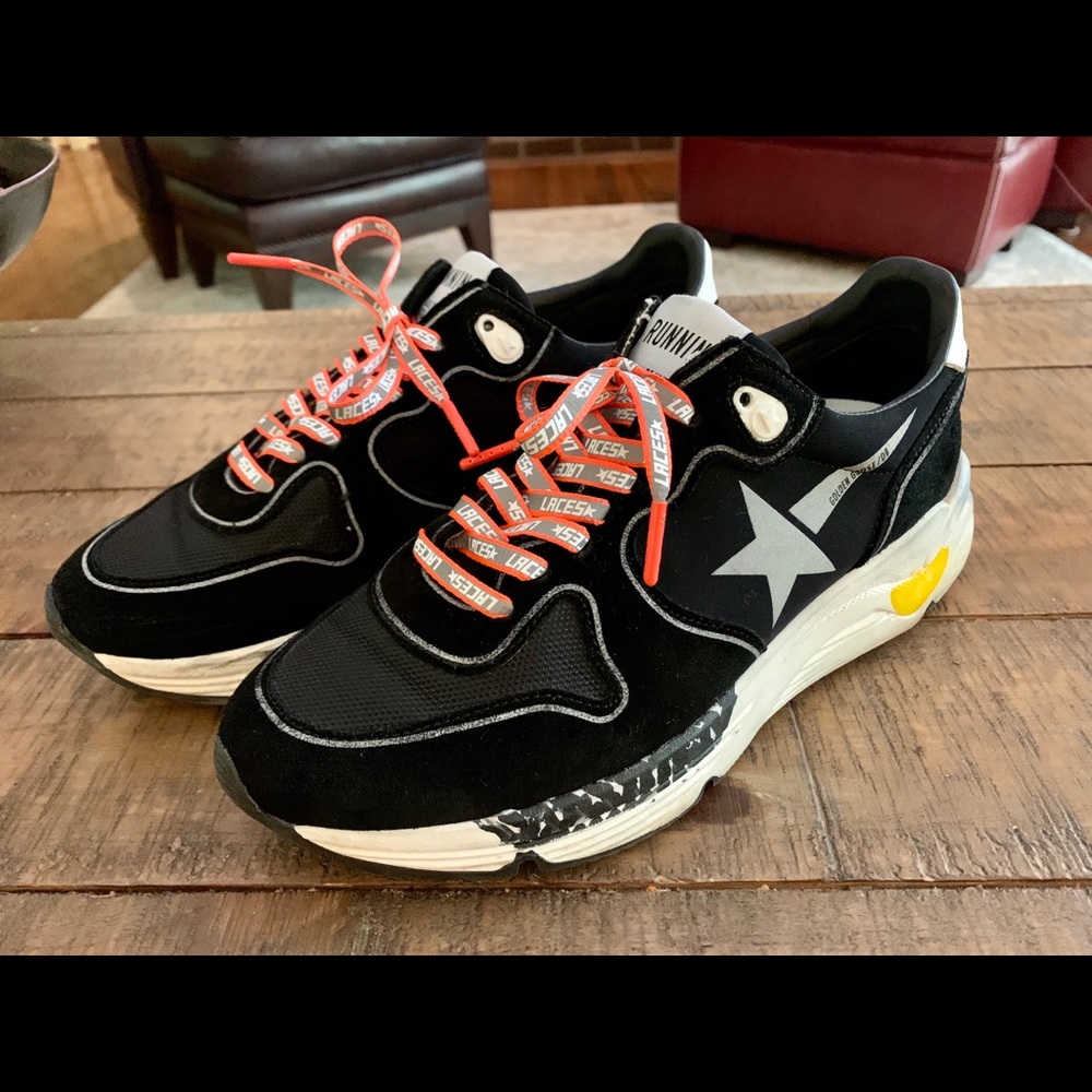 Golden goose orange reflective laces.